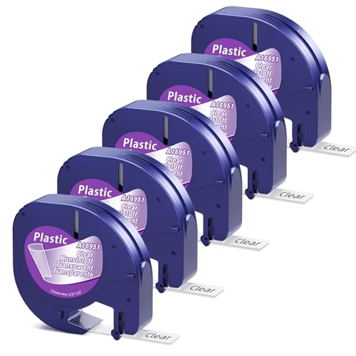 Aonomi Lot de 5 rubans d'étiquettes transparents Noir sur transparent Compatible avec Dymo 16951 12 mm x 4 m, compatible avec Dymo letratag Ruban d'étiquetage en plastique pour étiqueteuse LT-100H LT