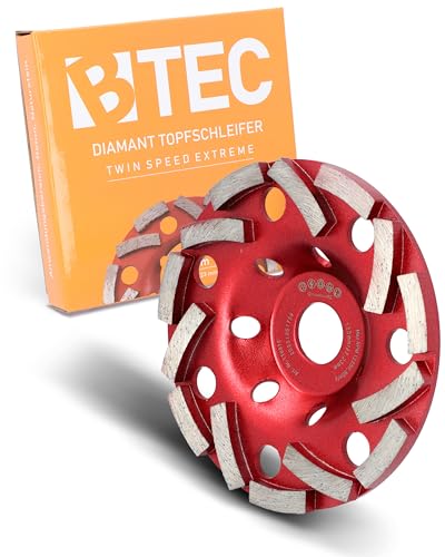 BTEC Twin Speed Extreme Diamant Schleiftopf für Beton Naturstein Fliesenkleber Granit & Mauerwerk Topfschleifer Ø125mm + Bohrung 22 23mm Diamantscheibe 125mm doppelreihig mit Spezial-Anordnung