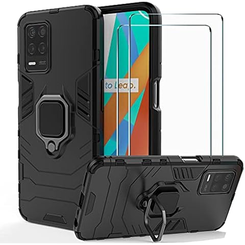 BestShare For OPPO Realme 8 5G / Narzo 30 5G /V13 5G Case with Tempered Glass Screen Protector (2 Packs), Heavy Duty Armor Defender Anti-Scratch Kickstand Shockproof Cover, Black Cover