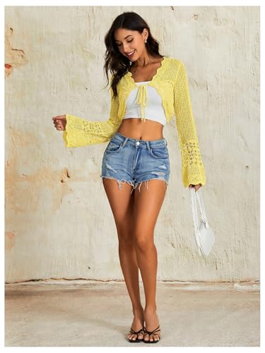 Image of OYOANGLE Women's Crochet Tie Front Sweater Cardigans Bell Sleeve Knitted Cropped Bolero Shrug Cardigan