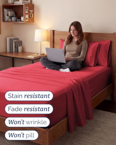 Image of Extra Deep Twin XL Sheet Set - 4 Piece Breathable and Cooling Sheets - Red | Hotel Luxury Bed Sheets Set, Easy & Secure Fit, Ultra-Soft, Wrinkle & Fade Free, Comfy Sheets Set with Extra Deep Pockets