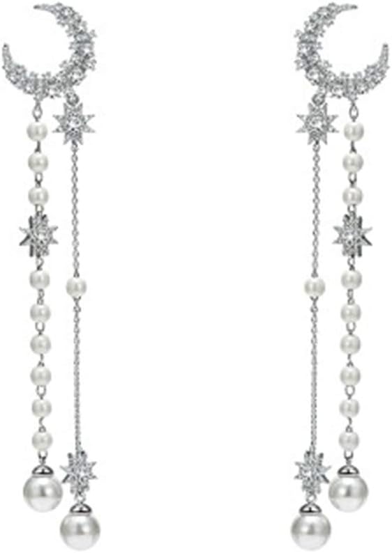 Moon Star Earrings with Chain - Moon Earring Pendant - Sun and Moon Earrings for Women, Gift Wedding or Everyday Wear