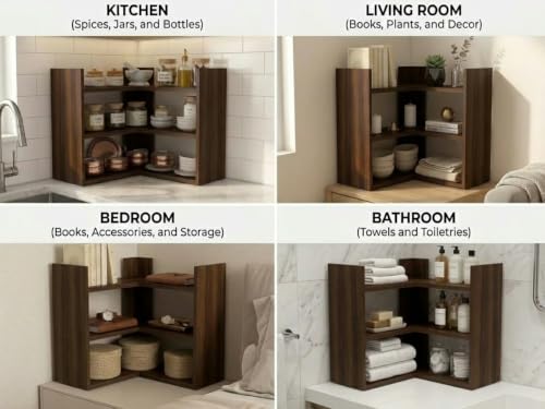 Image of Multipurpose 3 Tier L Shaped Wooden Storage Rack For Kitchen, Living Room and Utility Storage, Espresso Walnut