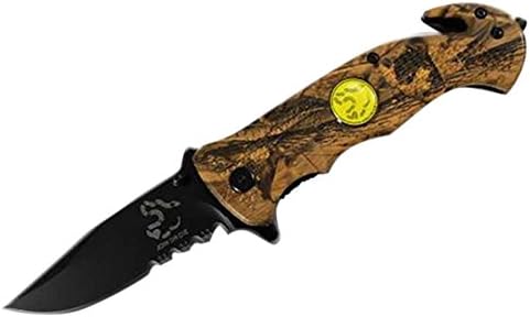 TY-0210-CJOD 4.5" Rescue Knife Spring Asst.Open Camo Handle W/Seat Belt Cutter & Glass Breaker Belt Clip
