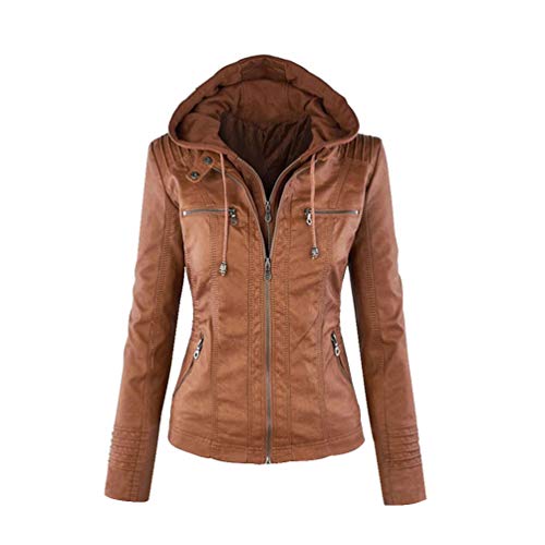 LucaSng Mujer Invierno Cremallera Jackets Chaquetas Deportiva Cuero PU Biker Cazadoras Imitacion Piel Moto Abrigos con Capucha, Chaqueta Corta para el Otoño (Marrón, XS)