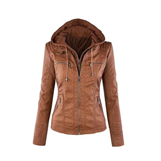 LucaSng Femme à Capuche Veste Simili Cuir Femme Motard Style Manteau, Veste Courte Elegante De Style Moto pour Femmes, Blouson Faux Cuir Manches Longues (Marron, L)