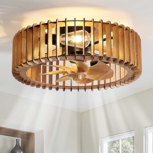 Image of 20'' Caged Low Profile Fandelier ceiling fan with light Natural Wood