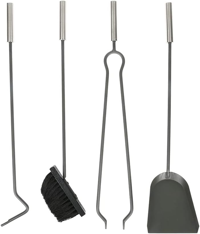 1957 Grey Metal Fireplace Companion Tool Set with 4 Accessories 17 x 18 x 63cm