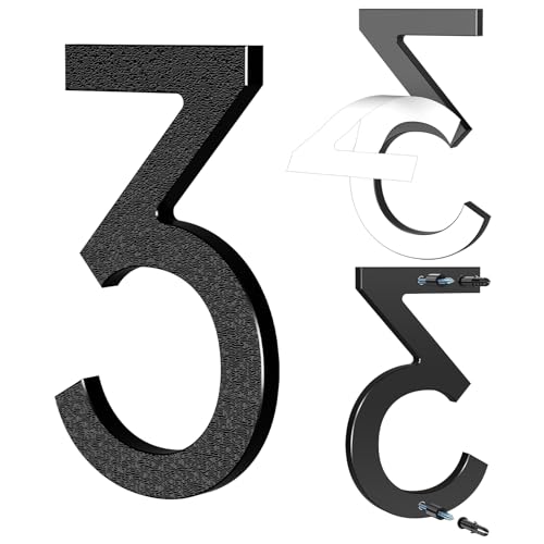 Yafimea Número de casa exterior 15 cm negro, Números para casa con instalación adhesiva o con tornillos, diseño moderno flotante 3D para pared o valla (3)