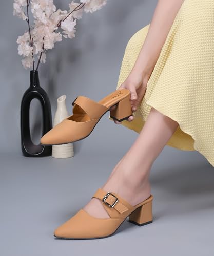 Image of JM LOOKS Sophisticated Buckle Strap Pointed Toe Mules with Contemporary Block Heel for Versatile Fashion Styling