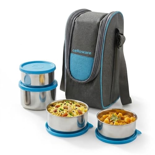 CELLO Steelox Set of 4 Pcs Lunch Box with Jacket For Office, Blue | 2 x 550ml, 375ml, 225ml Stainless Steel Containers |Food Grade Lightweight Leakproof Airtight Tiffin Box Case For Travel & Daily Use
