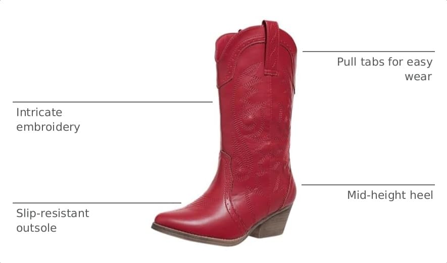 Image of SelRoys Cowboy Boots for Women Cowgirl Mid Calf Western Pointy Toe Boots Embroidered Stitched Chunky Heel Red Brown US5-11