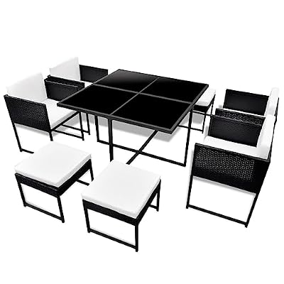 8-Person Poly Rattan Patio Dining Set with Cushions, 9 Piece Set Including 1 Glass Table, 4 Chairs, 4 Stools, 8 Seat Cushions and Back for Outdoor Use
