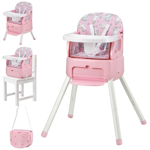 Image of BOSEDSANG 4 in 1 Portable Baby Highchair Convertible Highchair for Babies and Toddlers - Foldable Carry Small Box, High Chair, Infant Booster Seat, Dining Chair, Easy to Carry and Store (Pink)