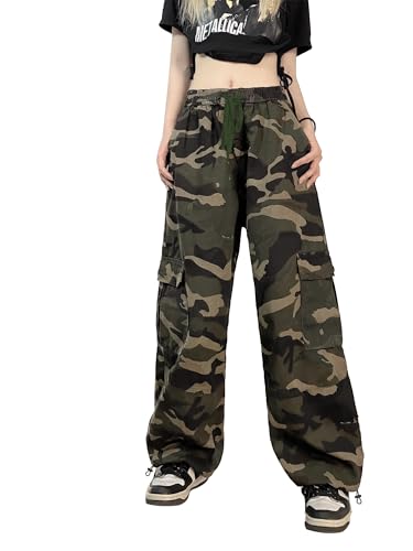 SESERAGI Cargo Pants Women Baggy Streetwear Y2K Drawstring Trousers Wide Leg Pants Camo Green M