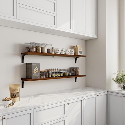 Image of 12 Inch Deep Floating Shelves Set of 2, 48 Inch Extra Wide Vintage Walnut Solid Pine Wood Wall Shelves, 4ft Heavy Duty Wall Mounted Bookshelf with 100 lbs Capacity for Kitchen & Living Room
