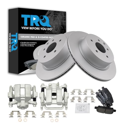 Image of TRQ Rear Brake Pad and Rotor Set Ceramic Coated Rotors Calipers Compatible with 2005-2007 Infiniti G35 2006-2009 M35 M45 2007-2009 Nissan 350Z