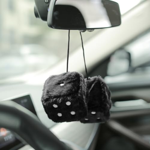 YGMONER Black Fuzzy Dice for Rear View Mirror, Pair of 2.75" Plush Dice Retro Hanging Ornaments Car Interior Rearview Mirror Decor Accessories (Black) - Thumbnail 5