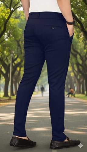 Image of Men's Classic Track Pants, Slim Fit, Lycra Blend Stretchable Business Casual Dress Pants, 4 Pockets, Button and Zipper Closure