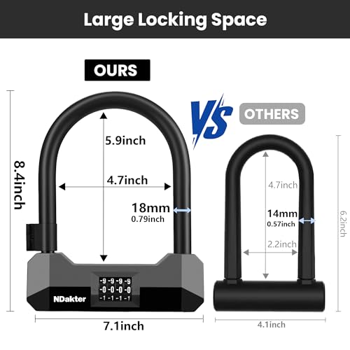 Image of NDakter Bike Locks Heavy Duty Anti Theft, 18mm Bicycle Combo U Lock, 4-Digit Resettable Combination Lock with 5FT Steel Cable and Bracket, for Electric Scooter, Ebike, Motorcycle (Gray)