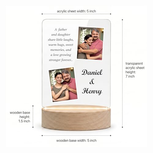 Image of Giftplease Fathers Day Personalized Rectangle Acrylic LED Frame - Custom 2 Photo Wooden Stand Tabletop Showcase For Grandpa Birthday, Dad, Stepdad, Husband Anniversary Meaningful Keepsake