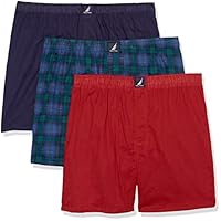 Nautica Mens Classic Cotton 3-Pack Woven Boxer, Peacoat/Nautica Red/Holiday Plaid-Windsurf, Small