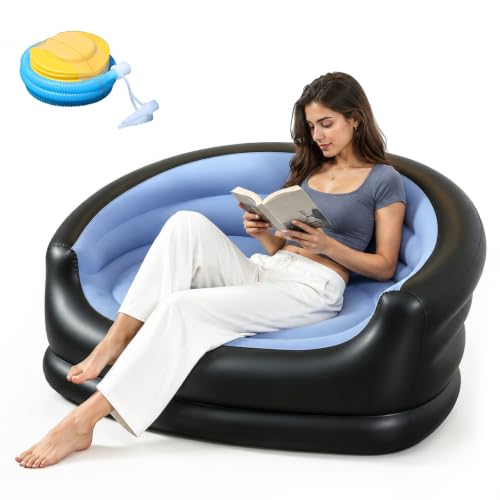 BUERPINKING Aufblasbare Couch, 2-Sitzer Aufblasbarer Sessel, Sofa Aufblasbar mit Velours-Oberfläche, Aufblasbares Sofa mit Fußpumpe für Pop-Up, Wohnzimmer, Camping & Gaming (Blau)