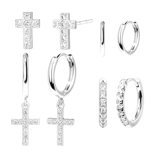 Cross Earrings for Women, Gifts for Christian, Christian Catholic Religious Baptism Gift for Men Women Faith, Jesus Stuff, Cute Christian Silver Jewelry Set Conch Helix Rook Tragus Earring Sets for Multiple Piercing Gifts Trendy Stuff