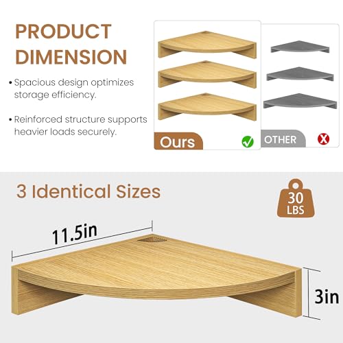 Image of Fun Memories Corner Shelf Wall Mount, Wood Floating Corner Shelves, Corner Wall Shelf for Bedroom, Bathroom, Kitchen, Living Room (Oak, 3 Pack)