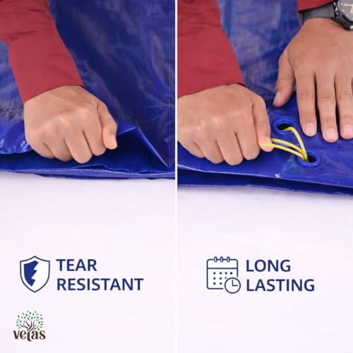 Image of VETAS Waterproof Tarpaulin Sheet 9 x 6 Ft | 120 GSM Blue UV Resistant Tirpal /Tadpatri | Heavy Duty, Tear-Proof, Reusable Cover with Eyelets for Roof, Outdoor, Camping & Vehicle Use