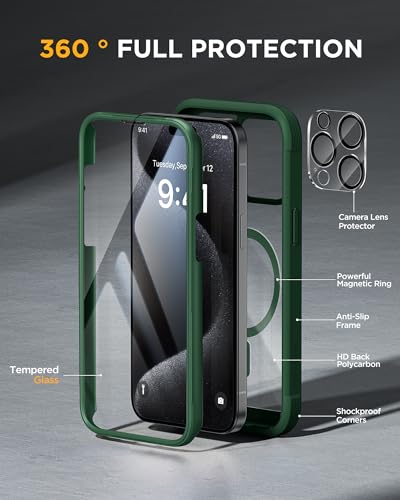 Image of Miracase Magnetic for iPhone 12 Pro Max Case [Compatible with MagSafe] Full-Body Phone case with Built-in Glass Screen Protector& Camera Protector, Military Drop Proof 12 Pro Max Cover, Green