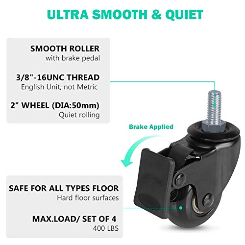 Hirate 2 Inch Swivel Caster 3/8"-16Unc Threaded Stem Casters(2 Casters With Brake, 2 Without),Lockable Bearing Casters For Furniture Pieces Industrial Trolley Carts #TOP5