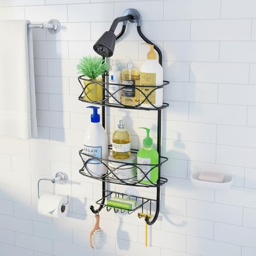 Image of amazon basics Hanging Shower Caddy for Bathroom | Bathroom Organiser Without Drill | Bathroom Accessories Storage Organizer