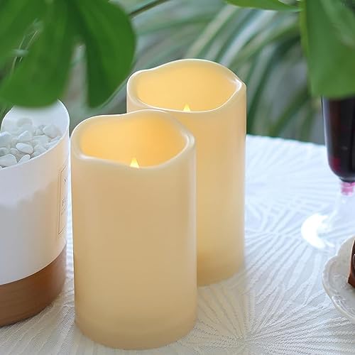 Image of 2 Pack 5'' Outdoor Battery Operated Candles with Timer Flameless LED Flickering Candles Waterproof Electric Pillar Decorative Candle for Wedding Party Home Lantern Garden
