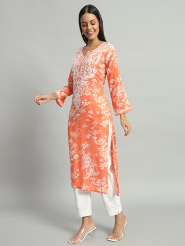 Image of Bilal Handicrafts Women's Lucknowi Chikankari MUL Cotton Straight Kurti | Floral Embroidered Calf Length Kurta | Sizes 36-46 | Orange