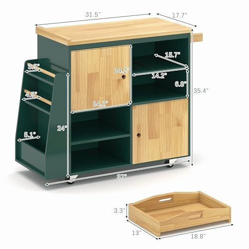 Image of NSdirect Kitchen Island Cart,Kitchen Bar&Serving Cart Rolling on Wheels with Spice Rack Towel Holder Utility Storage Trolley with Storage Drawers,Green