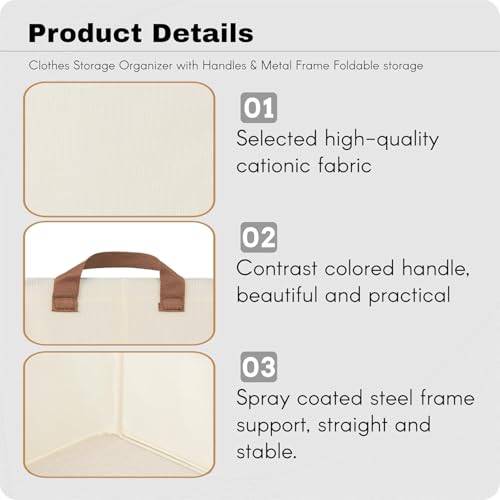Image of DALUCI Foldable Cloth Organizer for Wardrobe - Fabric Storage Box with Metal Frame & Handles - Collapsible & Foldable Storage Box and Organiser for Clothes, Sarees, Towels - (Beige, Pack of 3)