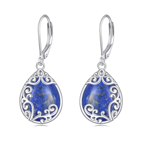 Filigree Earrings Sterling Silver Teardrop Moonstone Moss Agate Lapis Lazuli Larimar Emerald Peridot Opal Dangle Dangly Drop Leverback Earrings Boho Jewelry Gifts for Women