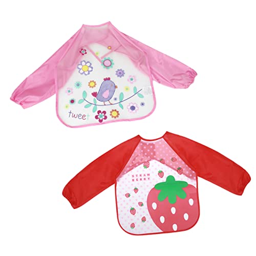 Milisten 2Piezas Delantales De Impermeables Para Bebés De Delantales De Dibujos Animados Fresa Roja y Pájaro Rosa Para Pintar y Fresa