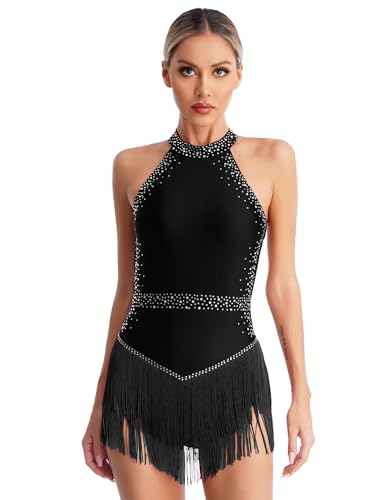 Alvivi Maillot de Danza Ballet para Mujer Vestido Patinaje Artístico de sin Manga Leotardo Gimnasia con Pedrería Brillante Maillot de Baile Latino Dancewear S-3XL F Negro M