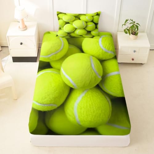 Castle Fairy Tennis Balls Fitted Sheet Twin Size (No Flat),3D Green Ball Bedding Sets 2Pcs,Kids Girls Boys Room Decor,Sport Theme Bed Cover Gaming Sports Deep Pocket Sheet,1 Pillowcase