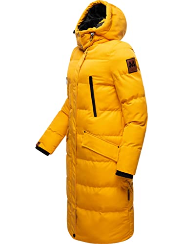 MARIKOO Damen Wintermantel warmer Steppmantel lang mit abnehmbarem Kunstfell und Kapuze Schneesternchen Yellow Gr. XS