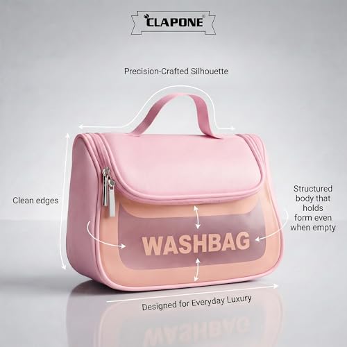 Image of Cosmetic Bag for Women, PU Leather Makeup Pouch, Large Capacity Travel Makeup Organizer with Divider & Handle, Waterproof Portable Vanity Storage Bag for Toiletries (Washing Bag-Pink)