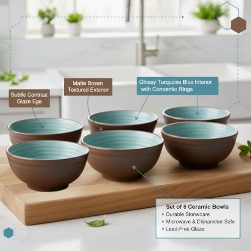 Image of Freakway 6-Piece Modern Stoneware Bowl Set, Rustic Brown & Turquoise Ceramic Bowls, Round Shape, Dishwasher Safe, Microwave Safe for Everyday Dining