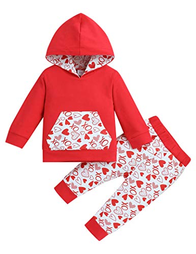 Toddler Baby Boy Girl Valentines Outfit Red Long Seleeve Hoodie Sweatshirt Love Heart Print Pants Valentine Clothing Sets