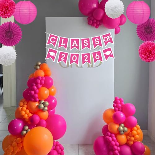 Image of Hotpink Graduation Party Decoration Class 2026 Banner Hanging Pom Poms Flowers High School College Grad Supplies