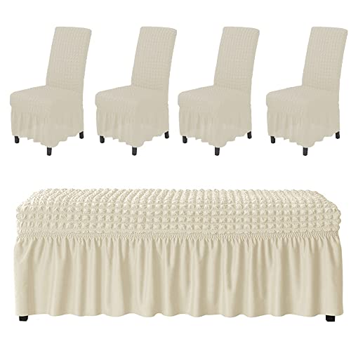 Gawekiqe 5Pcs Seersucker Chair Covers Set Stretch White Dining Room Chair Slipcovers Upholstered Dining Bench Cover With Skirt For Home Decor Living Room Hotel Wedding #TOP15