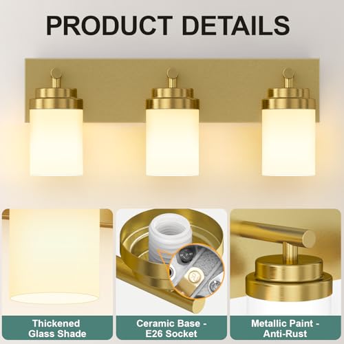 Image of IZORRO Bathroom Vanity Light Fixture, 3-Light 22 Inch Gold Bathroom Light Fixtures Over Mirror, with White Glass Shade, Modern Farmhouse Vanity Lights, Rustic Restroom Lighting Fixtures