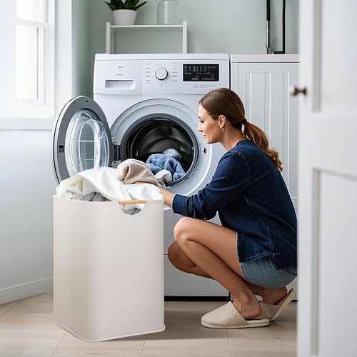 STORAGE MANIAC 2-Pack Large Laundry Hamper, 100L (26.4 Gal) Collapsible Laundry Basket with Bamboo Handles, Freestanding Waterproof Clothes Hamper for Laundry Room, Bedroom, Dorm, Towels, Toys, White by STORAGE MANIAC - Image 7