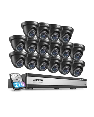 ZOSI 1080p 16 Channel Security Camera System,16CH H.265+ DVR with 2TB HDD and 16 x Outdoor Indoor CCTV Dome Cameras, AI Human Vehicle Detection, 80ft Long Night Vision, Remote Access, 24/7 Recording